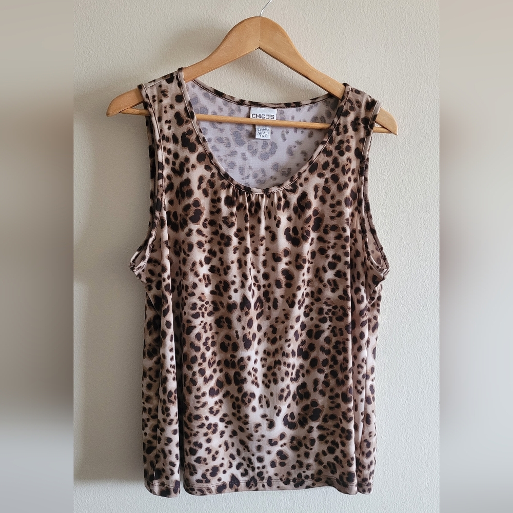 Chico's Gathered Scoopneck Stretchy Tank Top, Women's XL, Leopard Print